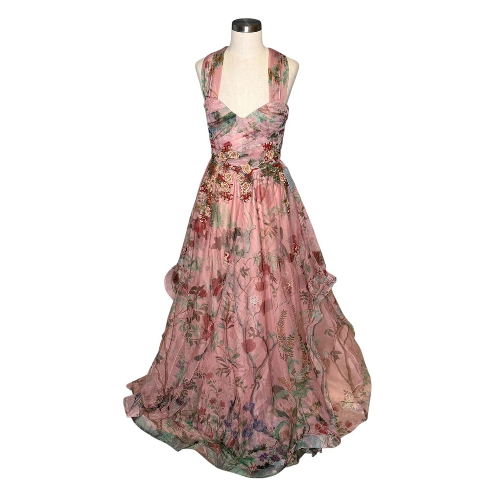 PATBO Pink Floral Print Tulle Evening Gown Beaded Garden Fairy Women's Size 8 - Picture 1 of 13
